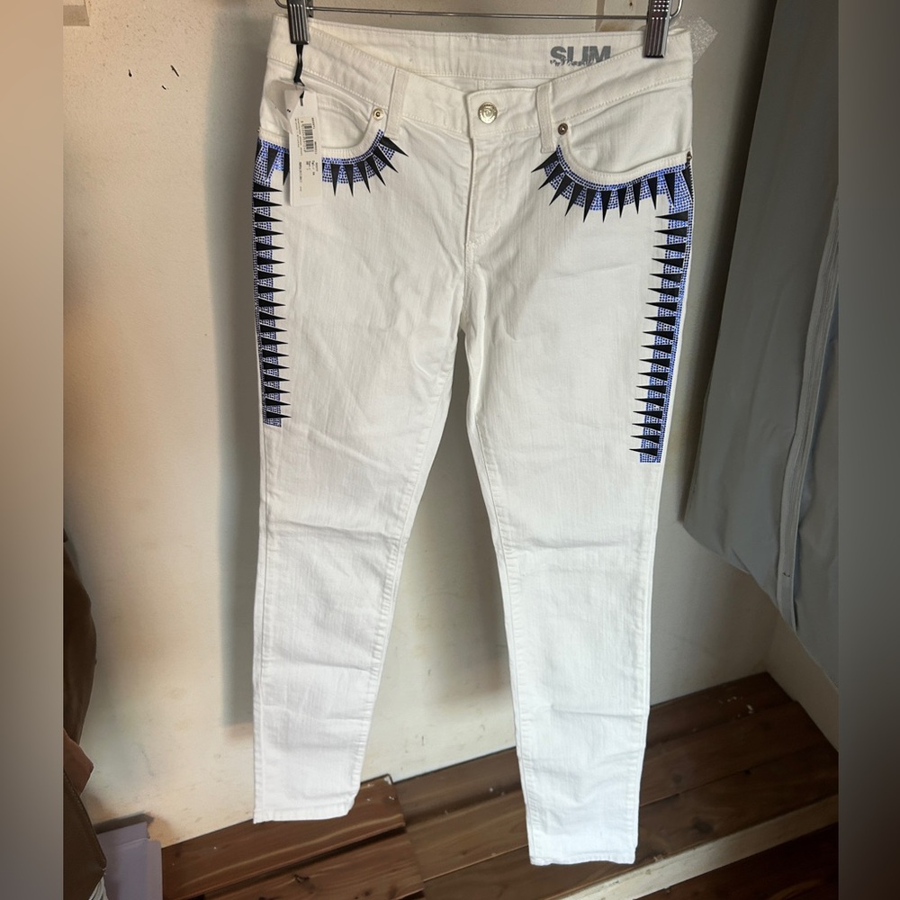 Versace Collection White Jeans with Blue Rhinestones & Black Zig Zag Pattern NWT